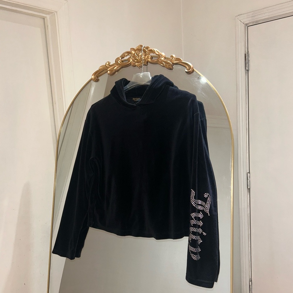 Juicy Couture Black Label Black Velour Hoodie with Rhinestone Juicy Logo